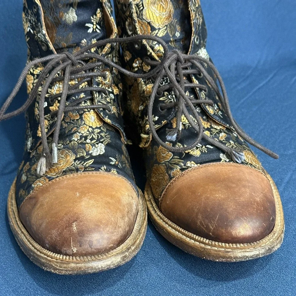 TAFT Mens Floral Cap Toe Lace Up Ankle Boots Brown Gold EU 42 US 9